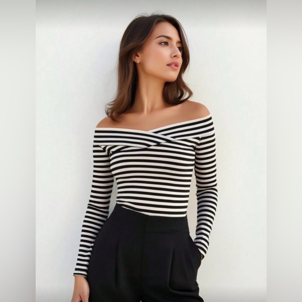 Striped Off-Shoulder Long Sleeve Top - Black & White - M - NWOT
